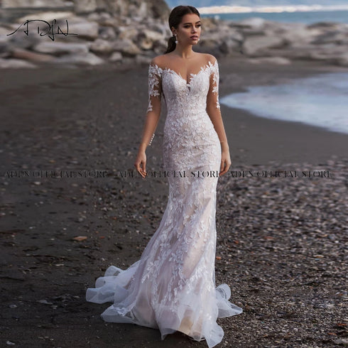 Sexy Scoop Long Sleeves Mermaid Wedding Dresses Bridal Gown